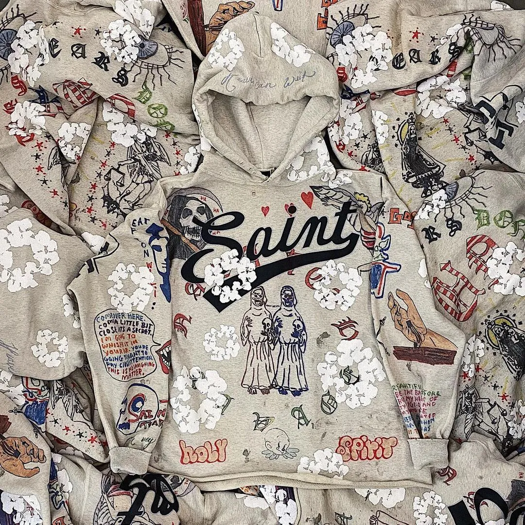 DENIM TEARS × ©SAINT M×××××× "SAINT TEARS" Graffiti Hoodie Joint Model Cotton Graffiti Hoodie Fully Printed Washed Distressed Holes Vintage Sweatshirt Gray S-XL Super Heavy Duty! The whole piece is printed with 35 screens and counterpoint printing!